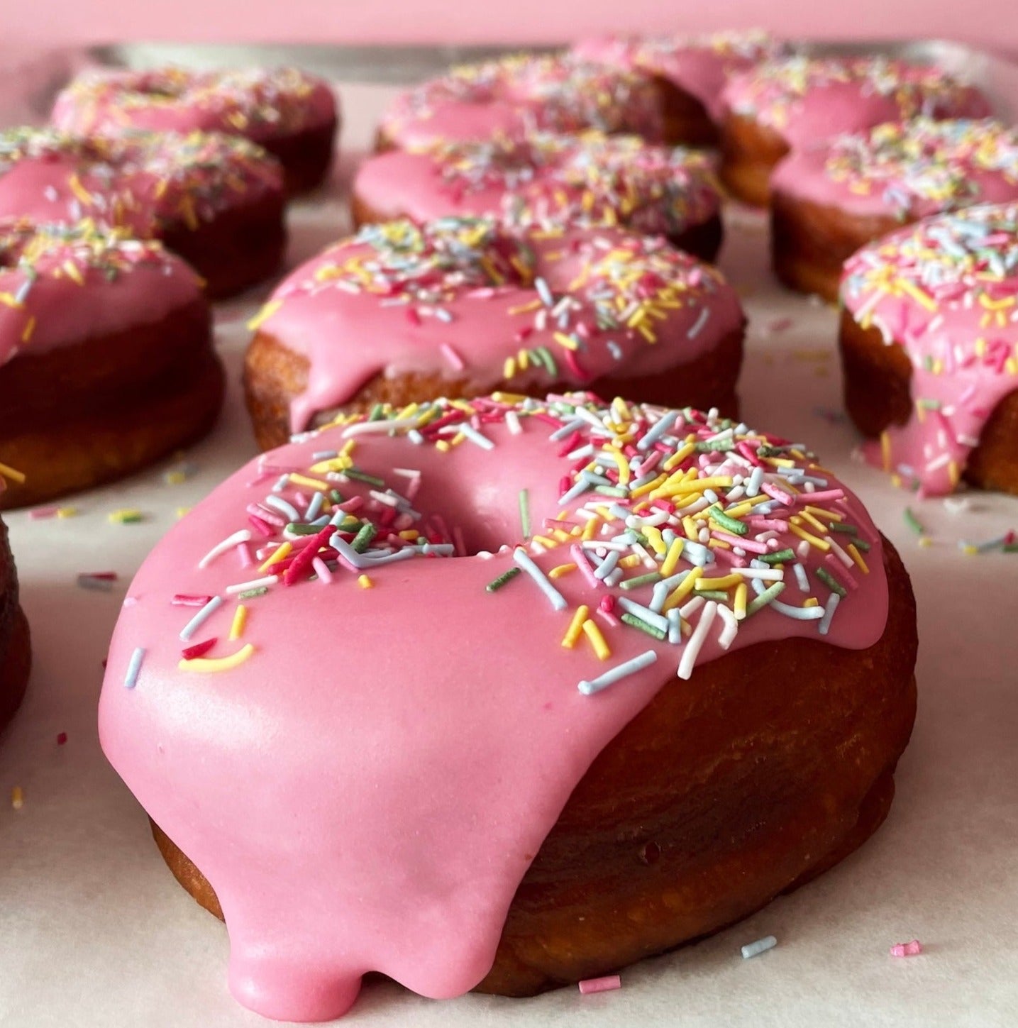 Pink icing drips down doughnut, festooned with colourful sprinkles